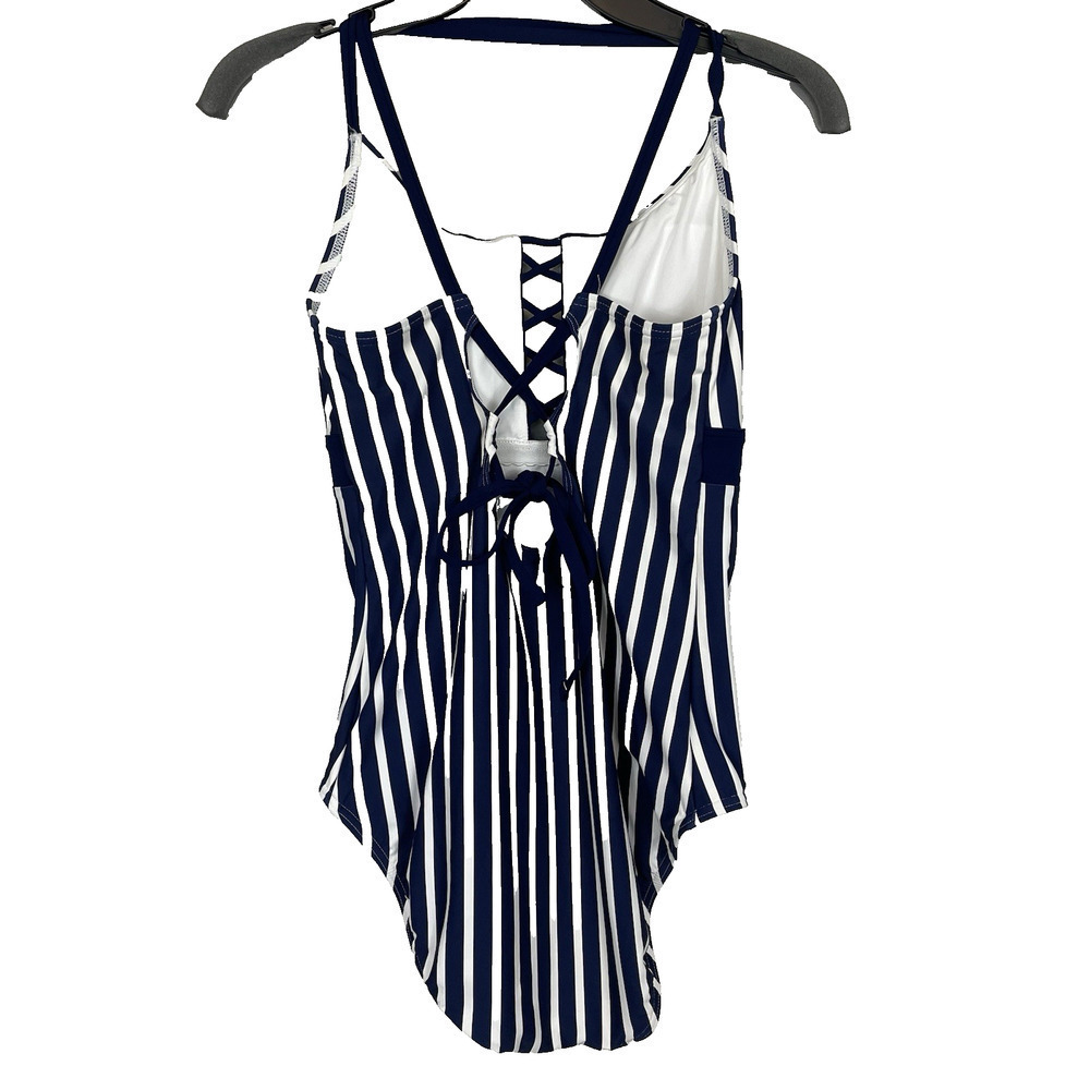 Lands End Lace Up One-Piece Swimsuit Womens 12 Blue & White Beach Resort Cruise - Picture 2 of 13